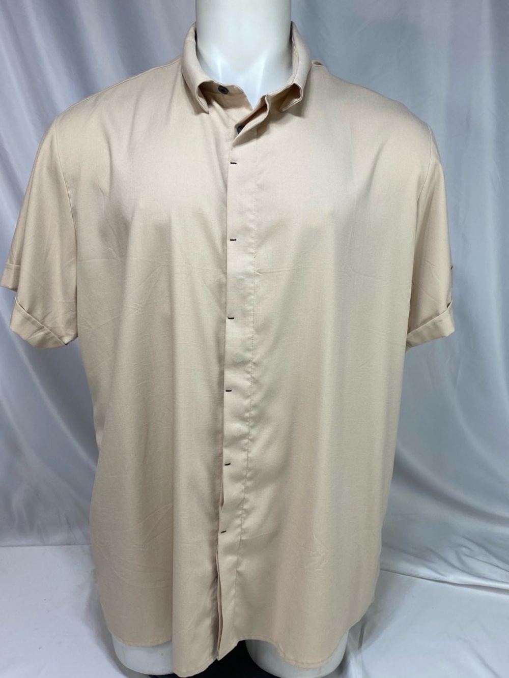 Men's 2XL Beige Linen Blend Short Sleeve Button Up Shirt Rayon Stretch